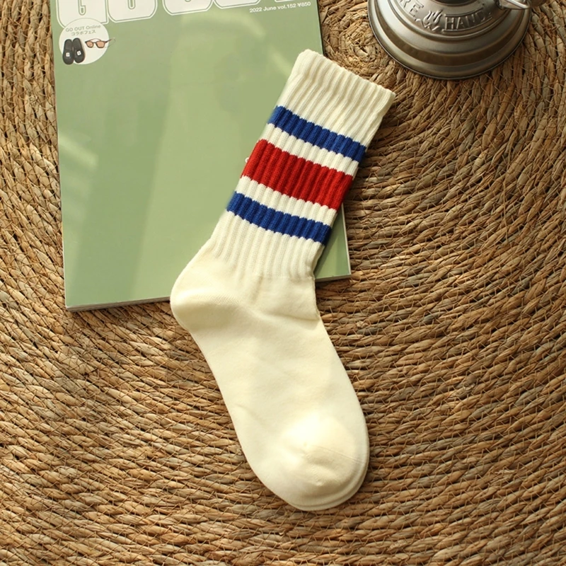 5 Pairs Retro Stripe Cotton Socks Elastic Cuffs Soft Textile Slouch Scrunch Socks for Unisex Casual Outfit Accessories