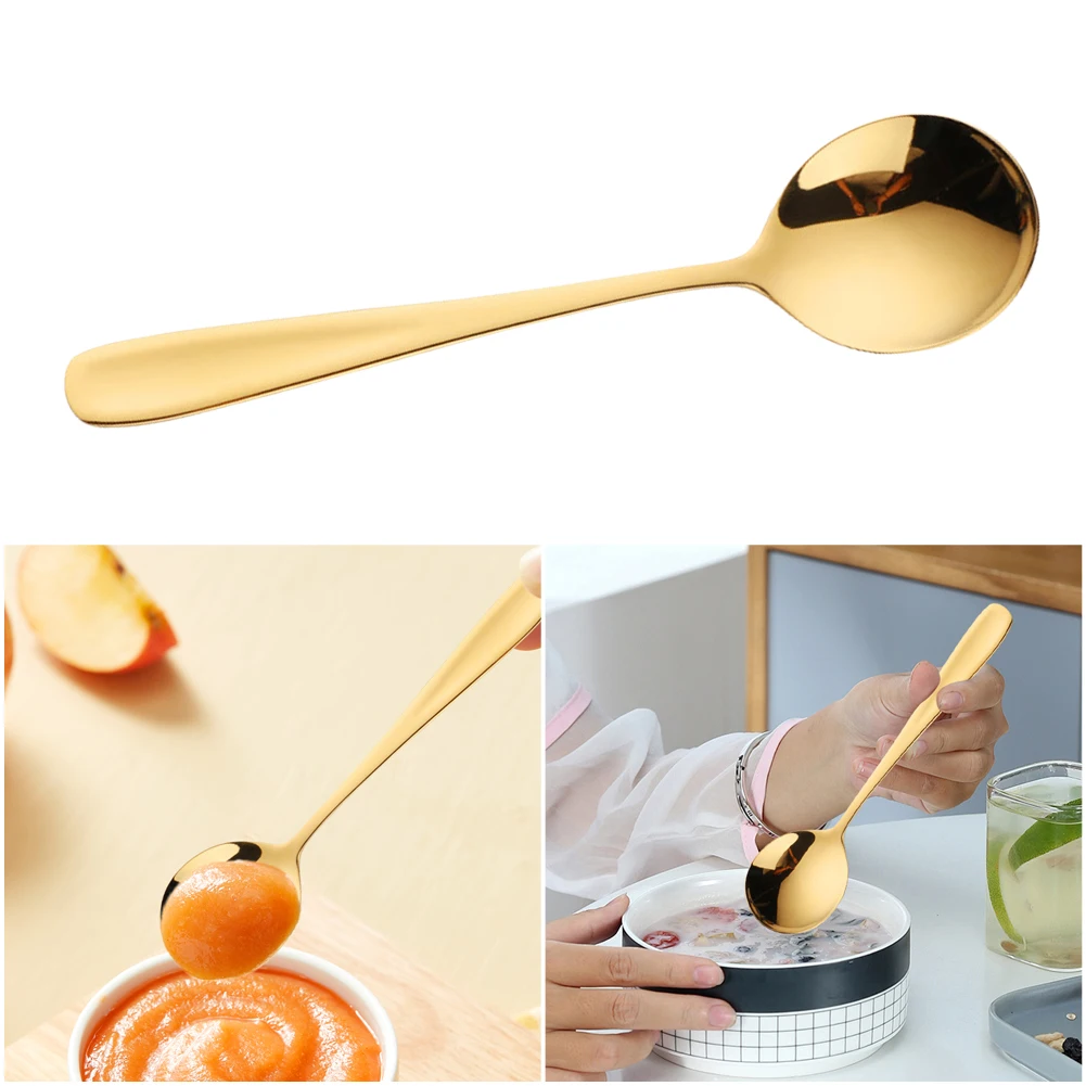 6.9 Inch Stainless Steel Dessert Spoon Round Serving Spoon With Gold Titanium Plating Dishwasher Safe for Parties/Kitchen/Buffet