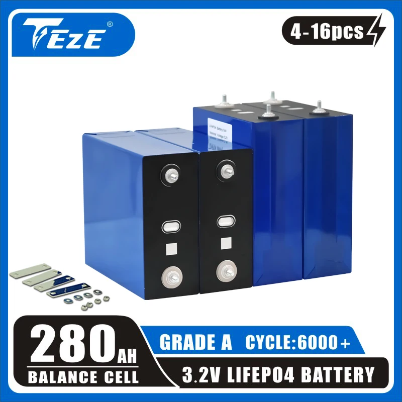 TEZE 3.2V 280Ah Lifepo4 Battery Deep Cycle DIY 12V 24V 48V Rechargeable Cell Pack for Electric Scooter RV Solar Storage System