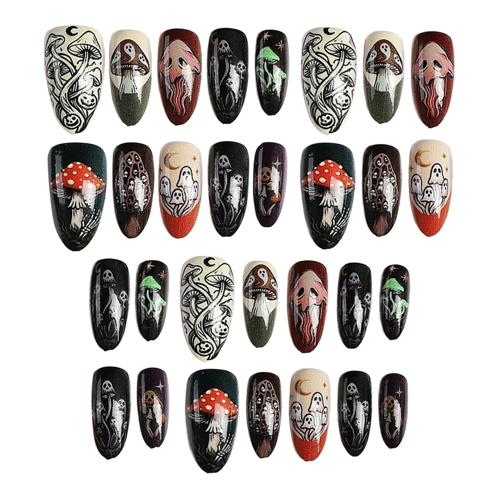 30 Stück Horror-Geister-Pilz-Aufklebenägel mit Fledermaus- und Totenkopf-Designs im Halloween-Stil, Vollabdeckung, glänzende Mandelform, Party-Kunstnägel – Detail 3