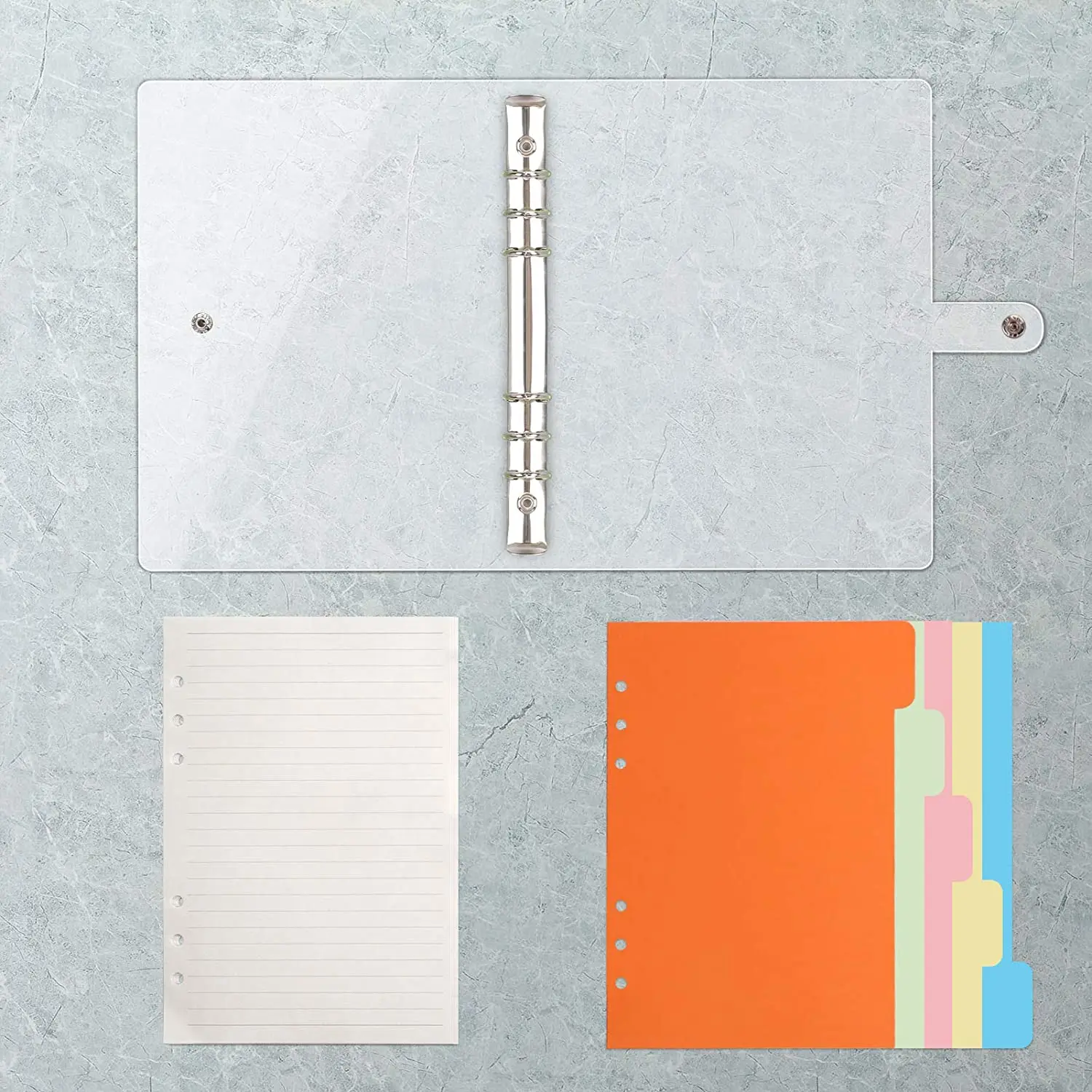 Cadernos transparentes claros, 90 folhas, forrado e divisórias, A5, A6