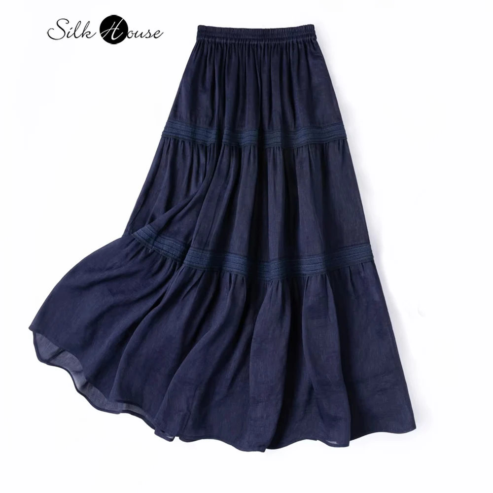 

Женская модная весенняя новинка: юбка А-силуэта из 50% натурального шелка тутового шелкопряда и 50% льна с эластичной талией, богатой вышивкой, универсальная, темно-синяя