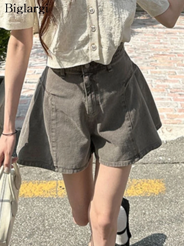 

Jeans Summer Mini Shorts Women Ruffle Pleated Loose Fashion Wide Leg Ladies Trousers Korean Style High Waist Woman Shorts