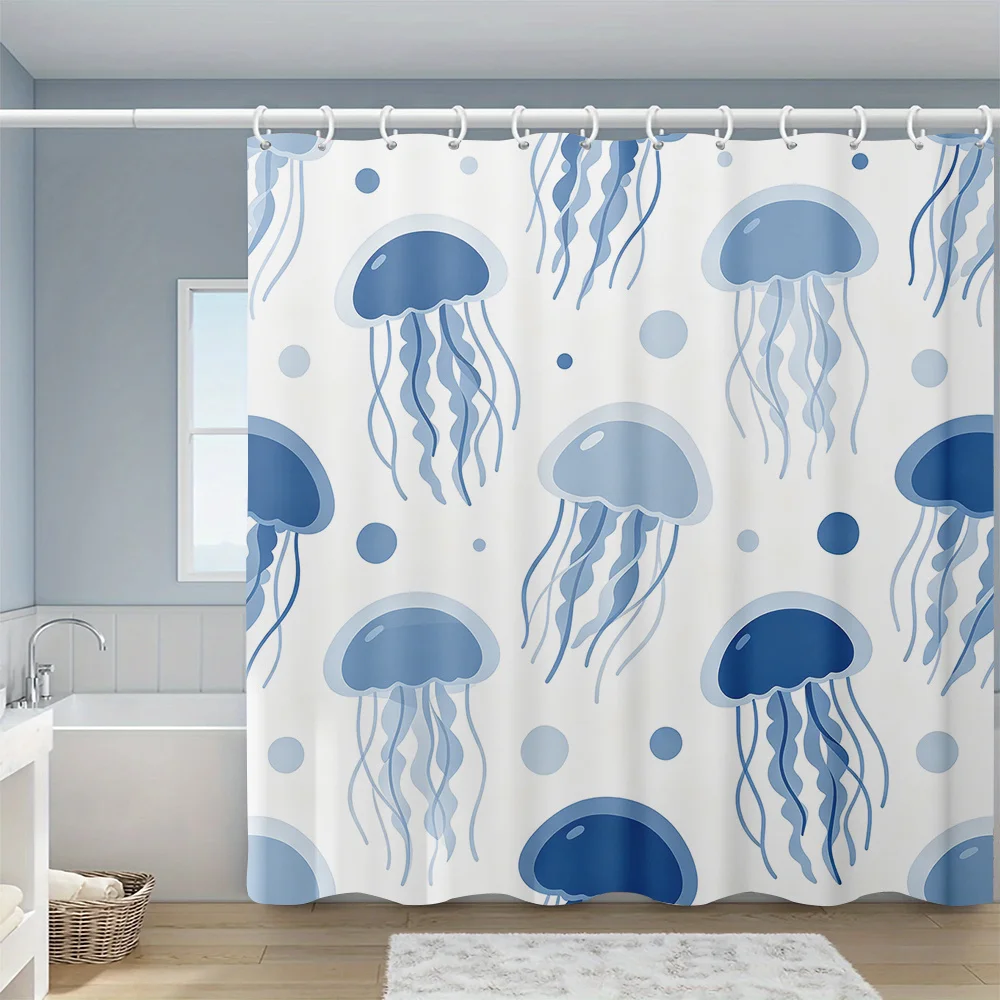 1 Printed Shower Curtain, Blue Tone Jellyfish Printed Pattern, Fresh Ocean Style Design, Fun Marine Creature Print Home Decor fo
