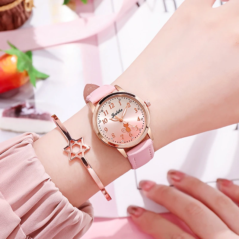 Cute Cat Children Watches Watch Casual Children Simple Rhinestone Girls Wristwatch Gradient Color Leather Quartz Kids Clock Gift