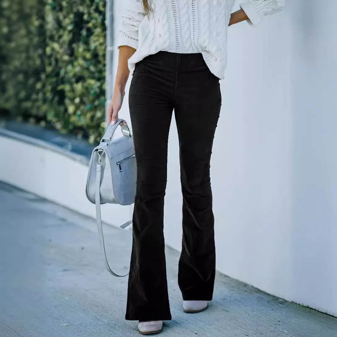 2026 Spring and Summer Women's Solid Color High Waisted Slim Micro Flare Pants Corduroy Elastic Waist Casual Pants for Women