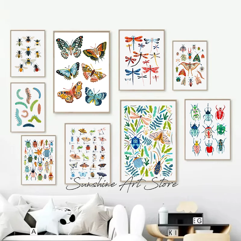 Beetle Butterfly Dragonfly Ladybird Moth Bee Insects Illustration Art Educational Poster Canvas Painting Wall Picture Home Decor