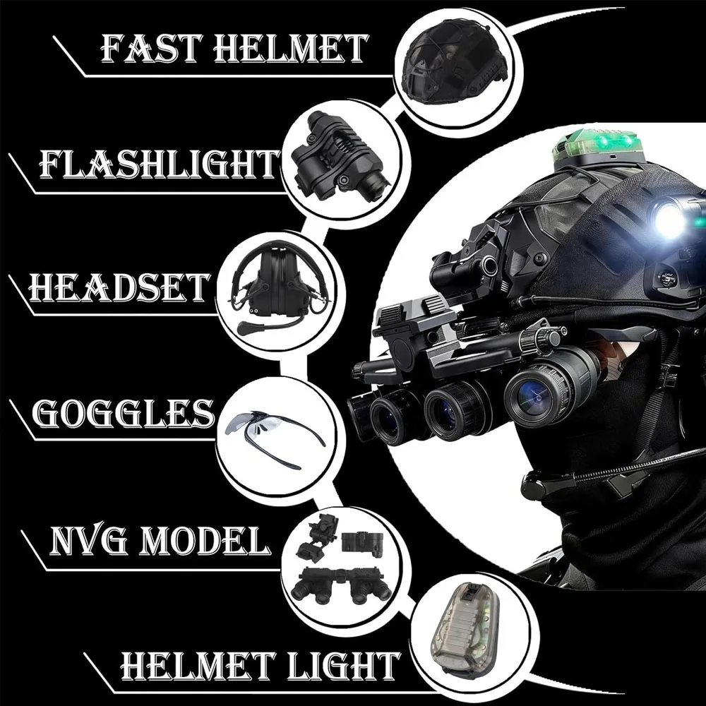8-in-1 Tactical Fast Helmet Set with Headset & Flashlight NVG Model NVG Mount for Paintball Outdoor Field Training and Cosplay