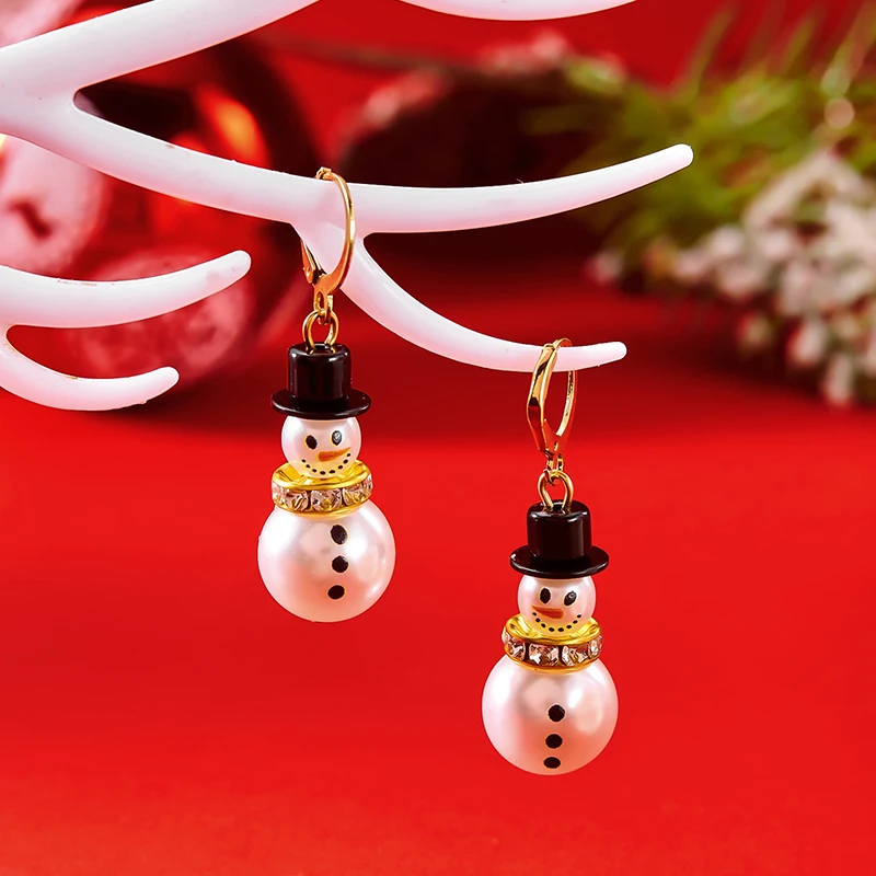 Luxury Zircon Imitation Pearl Snowman Stud Earrings For Women Shiny Crystal Snowflake Earring Christmas Party Jewelry Gifts