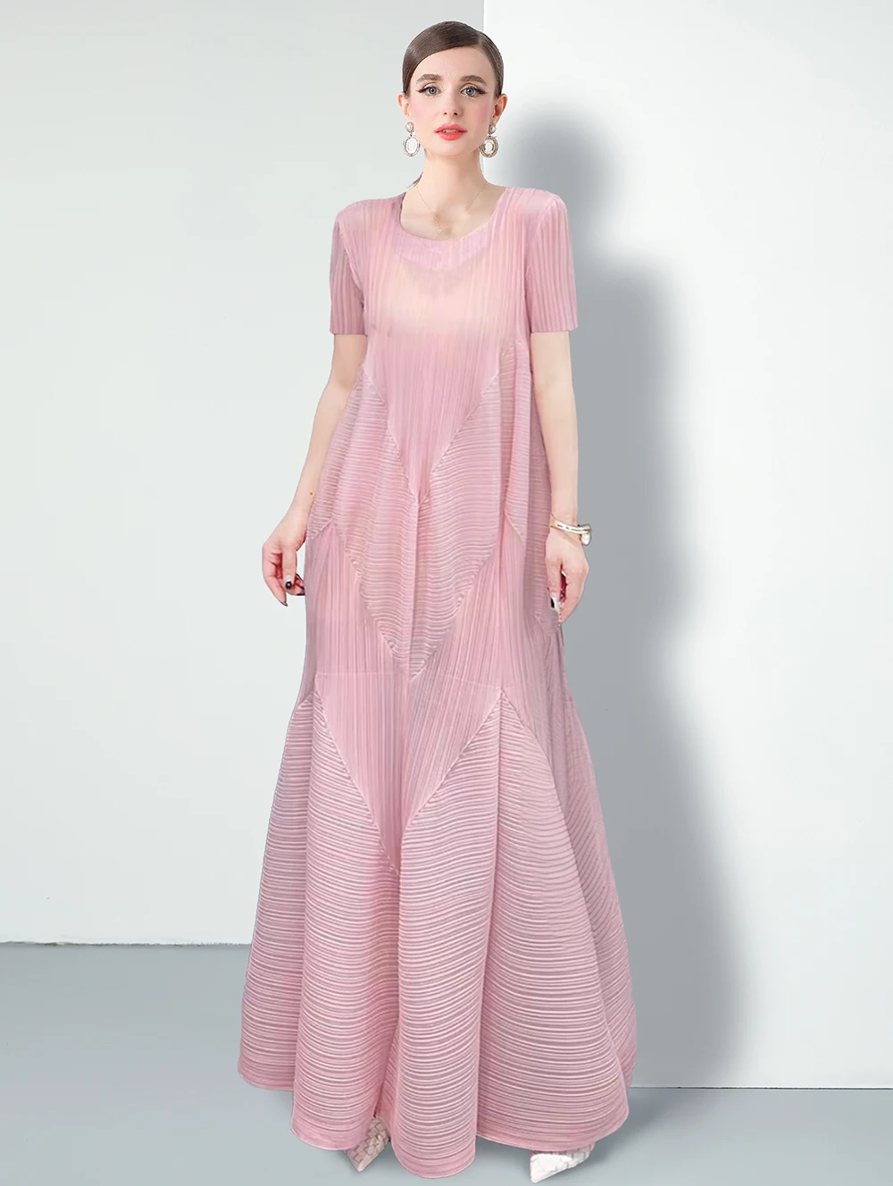 

Miyake Pleated Long Maxi Dress For Women Elegant Solid O-neck Short Sleeve Pleated Flower Bud Dress Female New