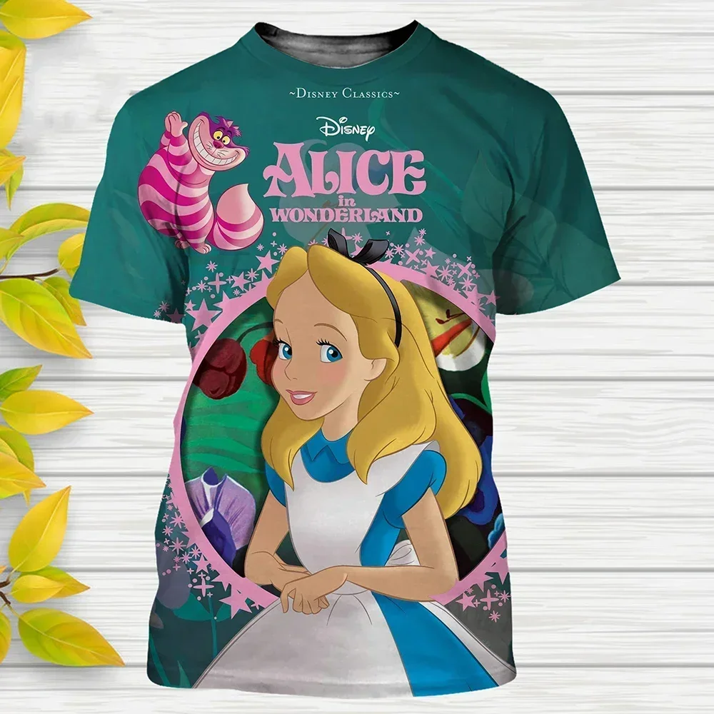 2025 ฤดูร้อน Disney Princess Series 3d เสื้อยืด Alice In Wonderland การ์ตูน Streetwear ชายหญิงขนาดใหญ่ TShirt เด็ก Tees Tops