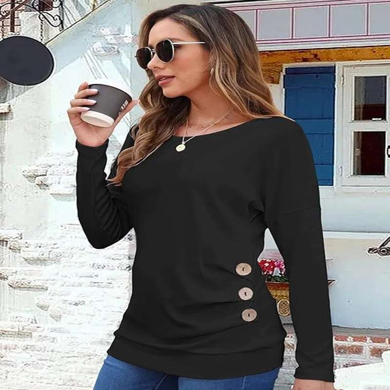 

2024 Europe and The United States New Womens Fashion Casual Long-sleeved Round Neck Loose Waist T-shirt Tops Ladies Prom T-shirt