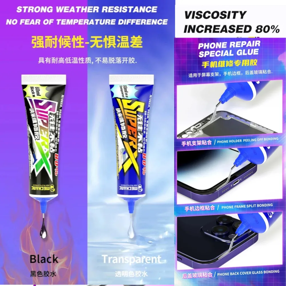 60ml Nano Glue Mobile Phone Repair Adhesive Balck /Transparant for Crystal Jewelry Phone Holder LCD Frame Sealant Adhesive Tools