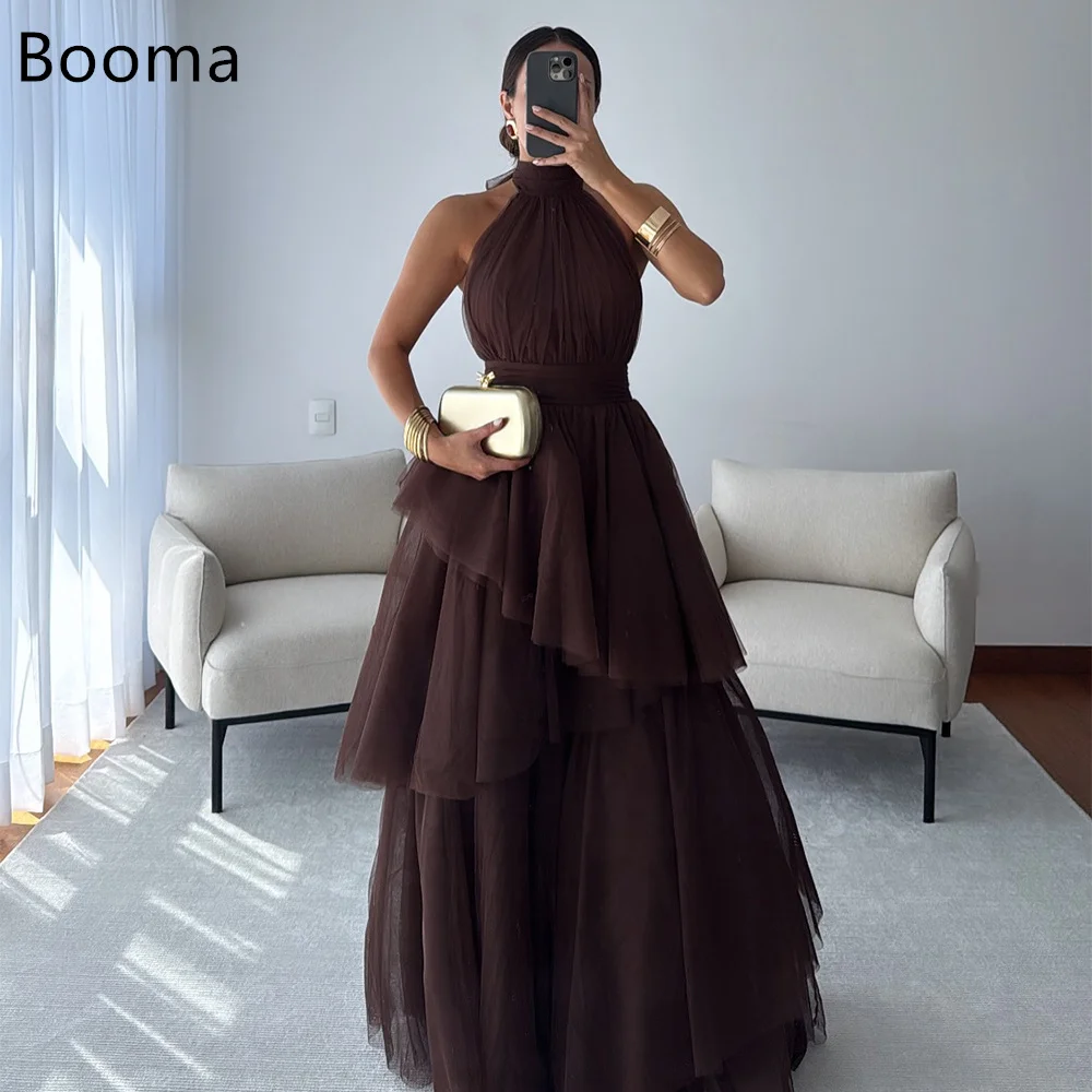 Booma-vestidos largos de fiesta de tul sencillos, corte en A, vestidos formales sin tirantes para mujer, vestido de noche sin mangas personalizado 2025