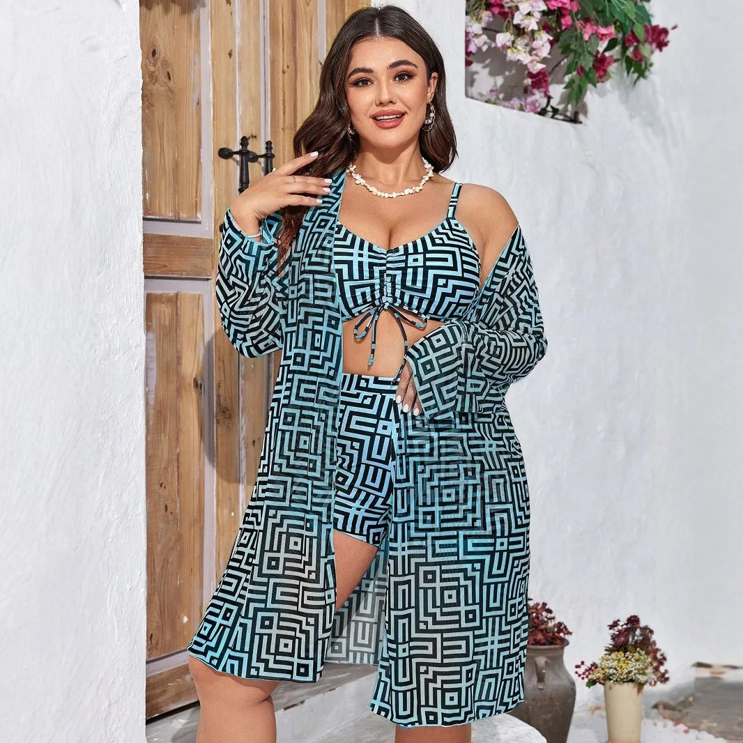 Plus Size 3‑Piece Geometric Print Swimsuit Front Tie Cami Top High Waist Shorts Long Sleeve Kimono Cover‑Up Beach Bathing Suit view 3