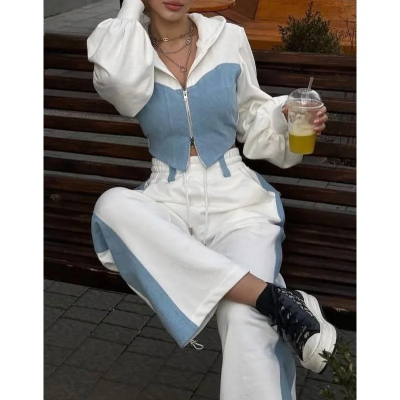 

2025 Fashion Casual Hoodie Set: Denim Patchwork Hooded Top and Long Pants Two-Piece Women's Clothing
