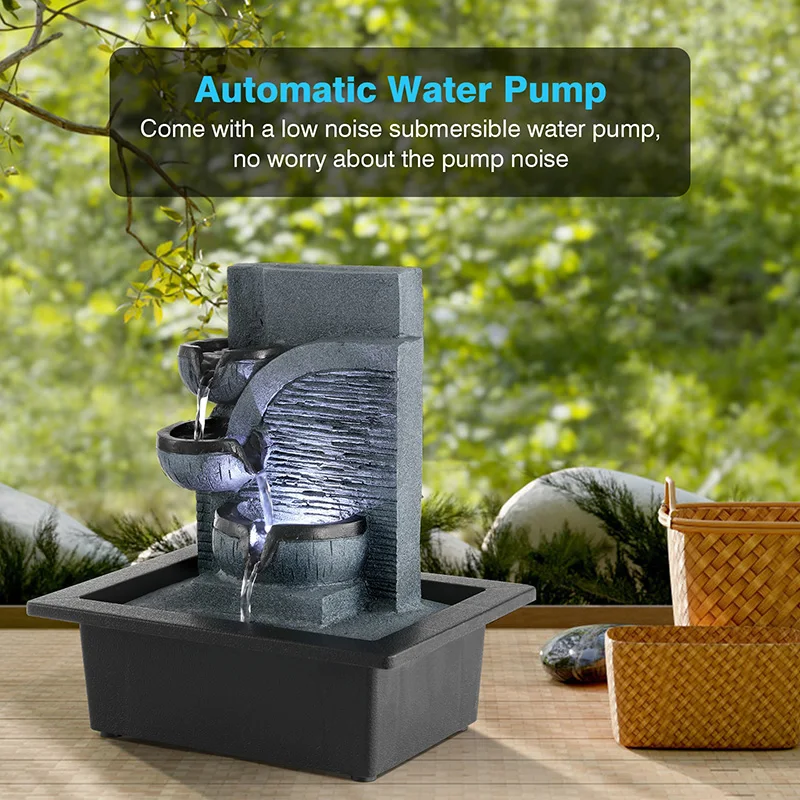 Indoor Tabletop Fountain Waterfalls Landscape Mini Cottage Tabletop Ornament Home Decor Figurines With LED Crystal Ball Accent