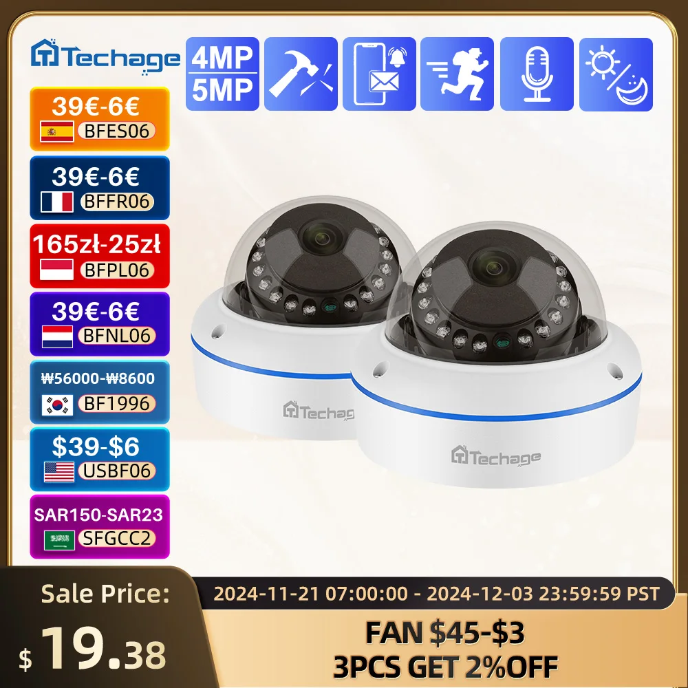 Techage HD 5MP Security POE IP Camera Indoor Dome Vandal-proof Home Infrared Night Vision One-way Audio AI Detection Smart Cam