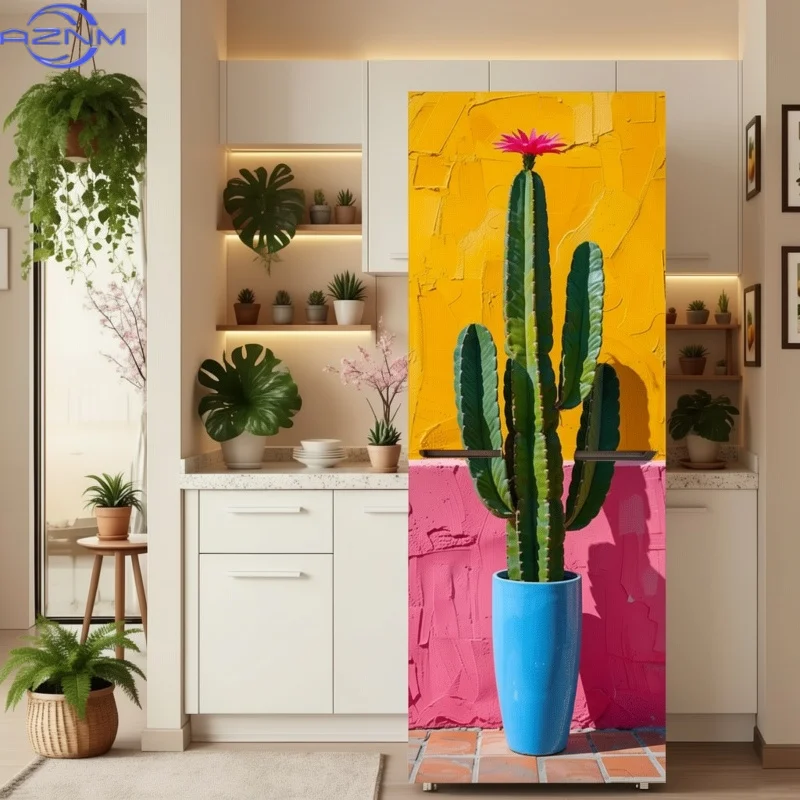 2D Flat Printing 1pc Refrigerator Sticker 60×180cm Colorful Wall Cactus Themed Design, Self-Adhesive Wall Decal Wallpaper, Sui