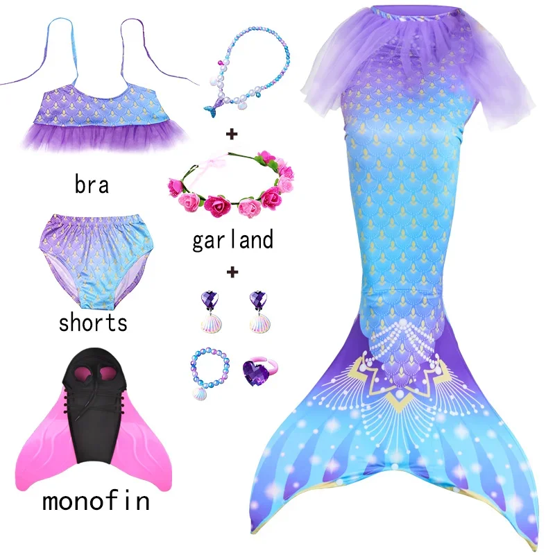 Mermaid Tail Swimwear para meninas, traje Cosplay, colar, biquíni, festa temática, adicionar nadadeiras