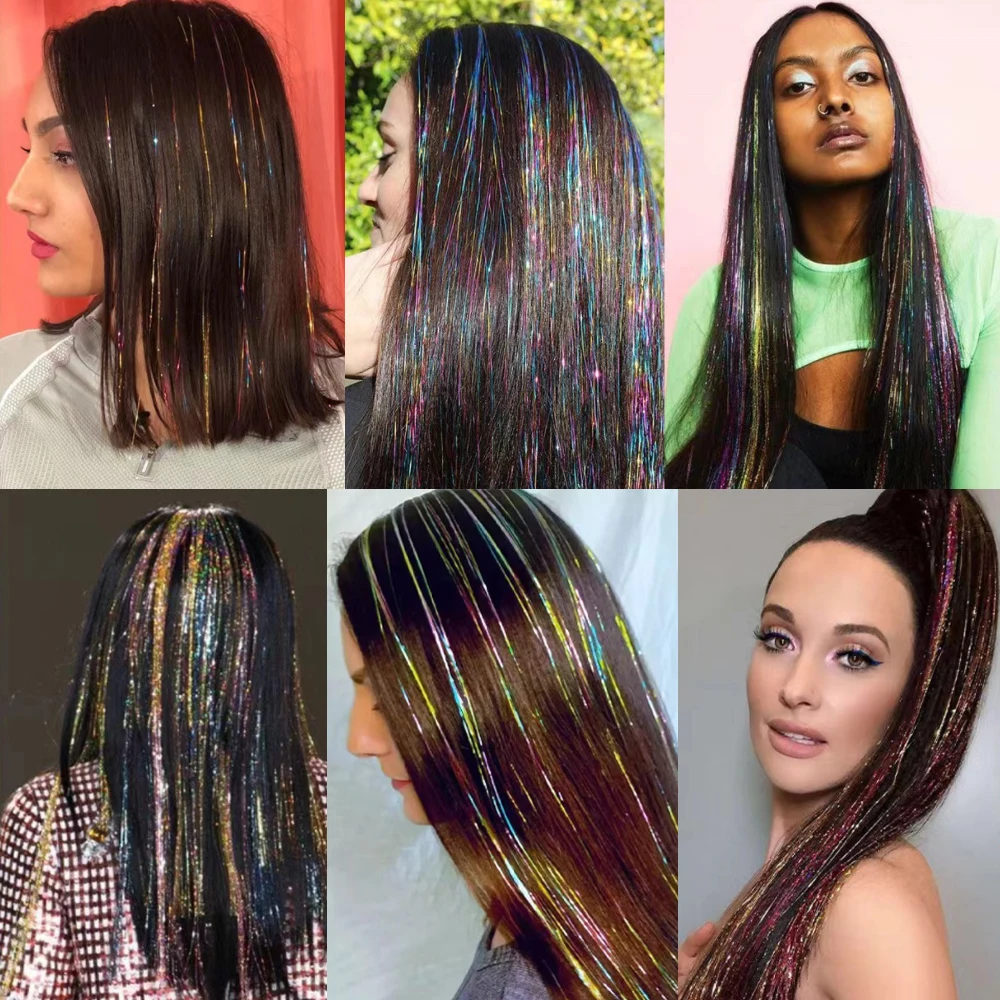 Extensão de cabelo sintético cintilante, fio festivo com glitter para cabelo feminino, perfeito para festas e eventos, adequado para todos os cabelos