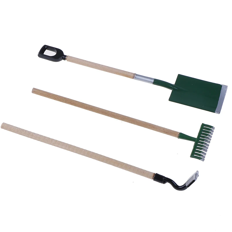 3psc/conjunto de ferramentas de ancinho de pá de jardim de metal para acessórios em miniatura de casa de bonecas