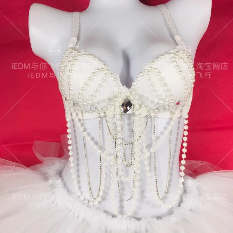 

customized belly tassel pearl camisole top Raven glowing bra set glowing tutu skirt Bar performance skirt disfraz mujer carnaval