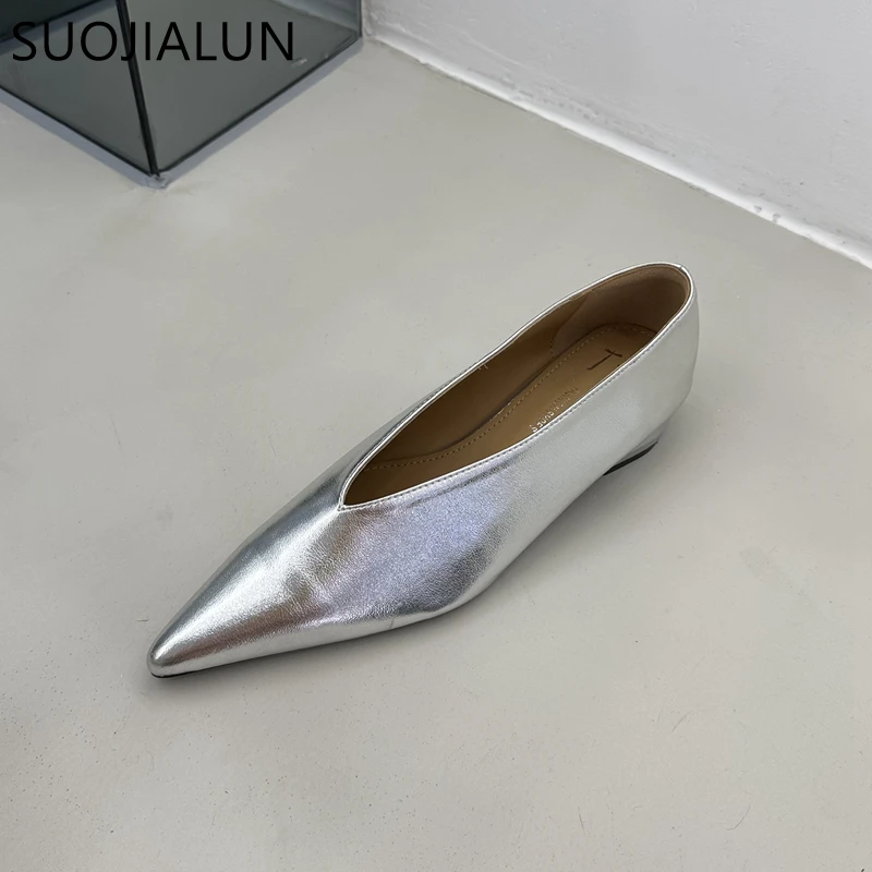 SUOJIALUN 2023 Autumn Women Flat Shoes Fashion Pointed Toe Shallow Slip On Ballet Shoes Candy Color Outdoor Dress Single Shoes