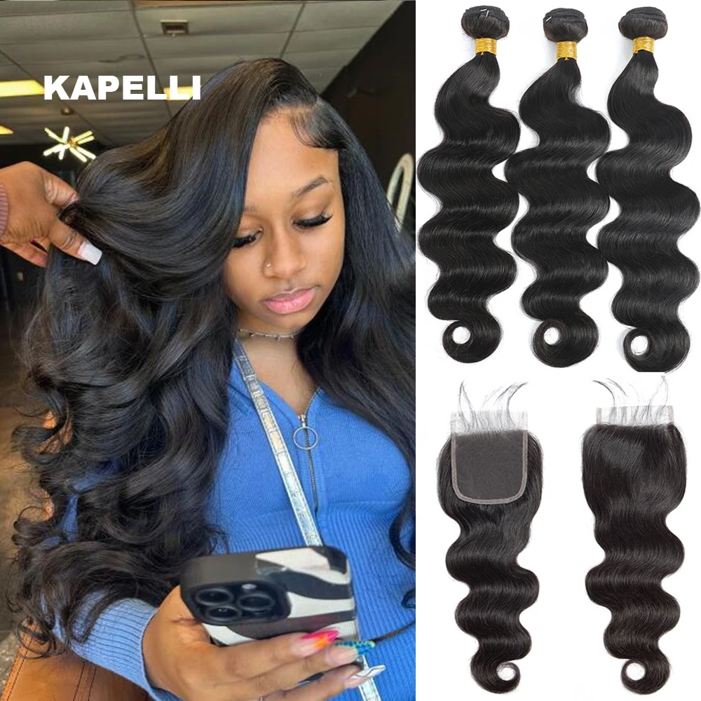 

32" Body Wave Bundles Human Hair 4x4 5x5 Closure Brazilian Remy Unprocessed Human Hair Wavy Doule Drawn Bundles Weave Extensions