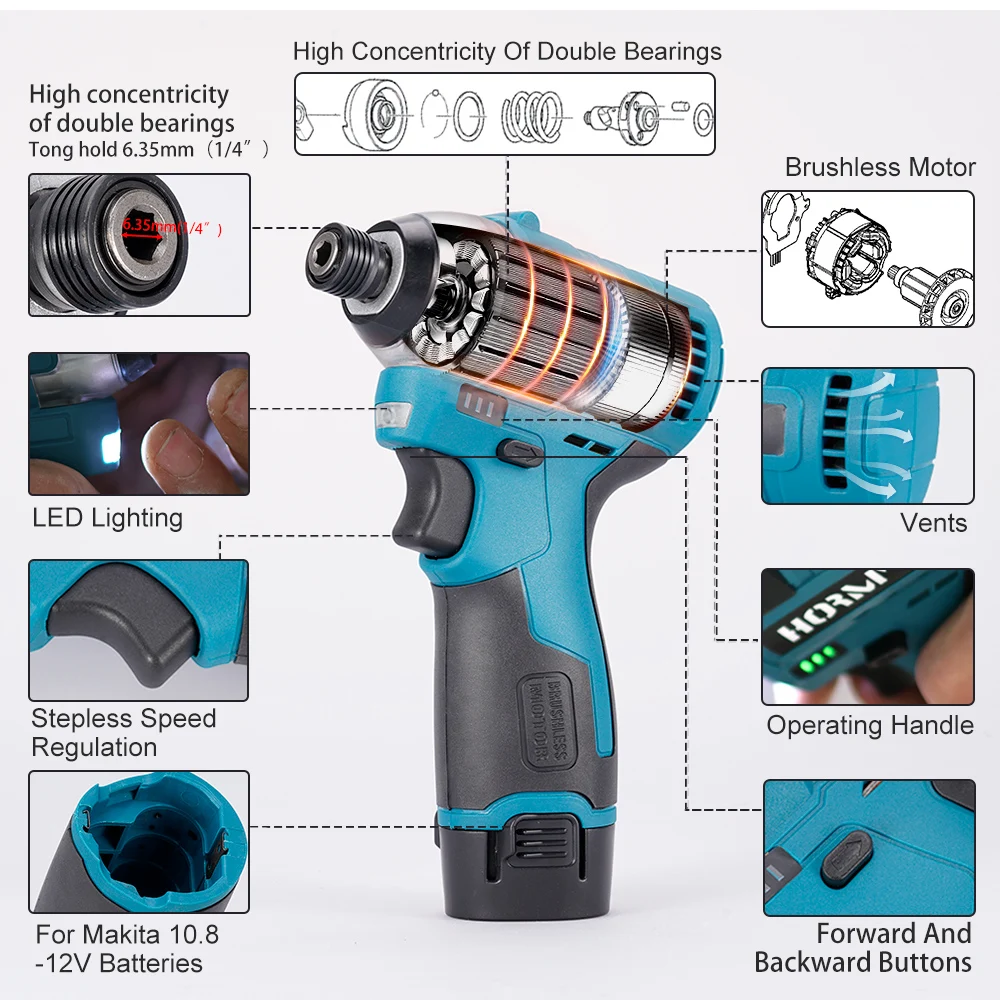 12V Brushless Lithium Electric Screwdriver Drill 120N.m Cordless Adjustable 2 Speed Drill Driver Repair Tool For Makita Battery