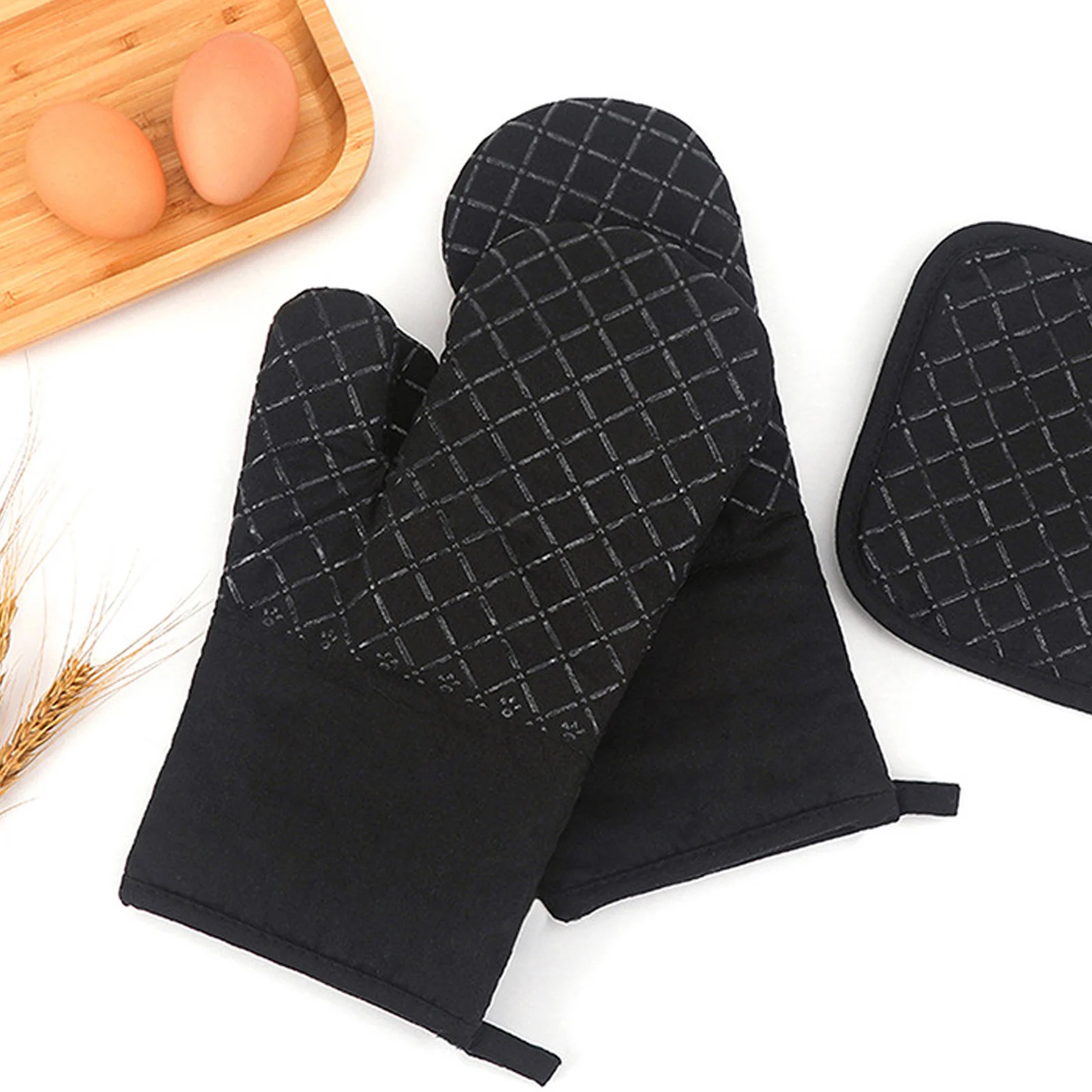 

Silicone Cotton Oven Mitts Heat Resistant Gloves Non Slip Kitchen Cooking Baking Grilling Hot Pads BBQ Set Mens Apron