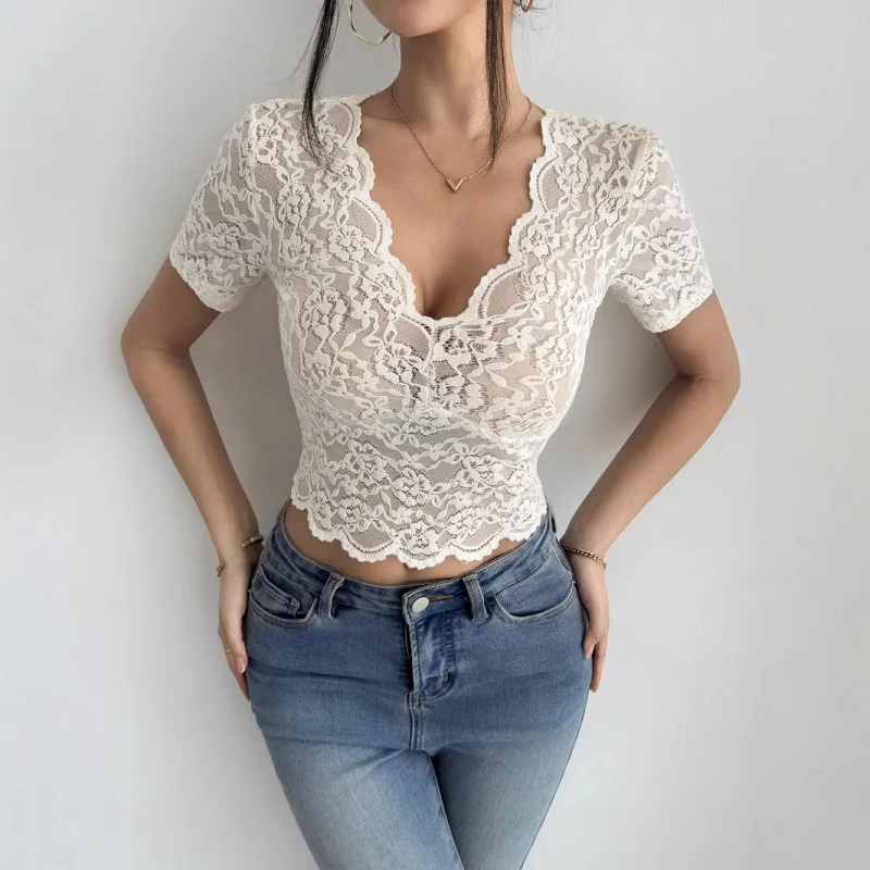 2025Summer New Sexy LaceVCollarTWomen's Slim Fit Short Hot Girl Top