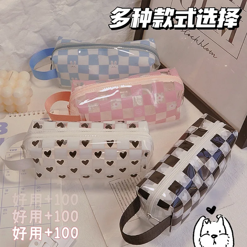 Plaid Fairy Tale Square Transparent Pencil Case Large-Capacity Portable Pencil Case Checkerboard Lattice Pencil Case Pencil Case