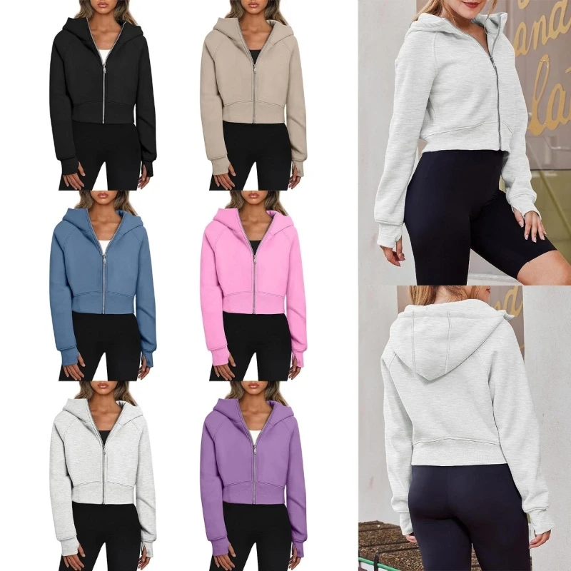 Women Fleece Lined Full Up Cropped Hoodie Sweatshirt Casual Fall Long Sleeve Hooded Crop Top with Thumb Hole