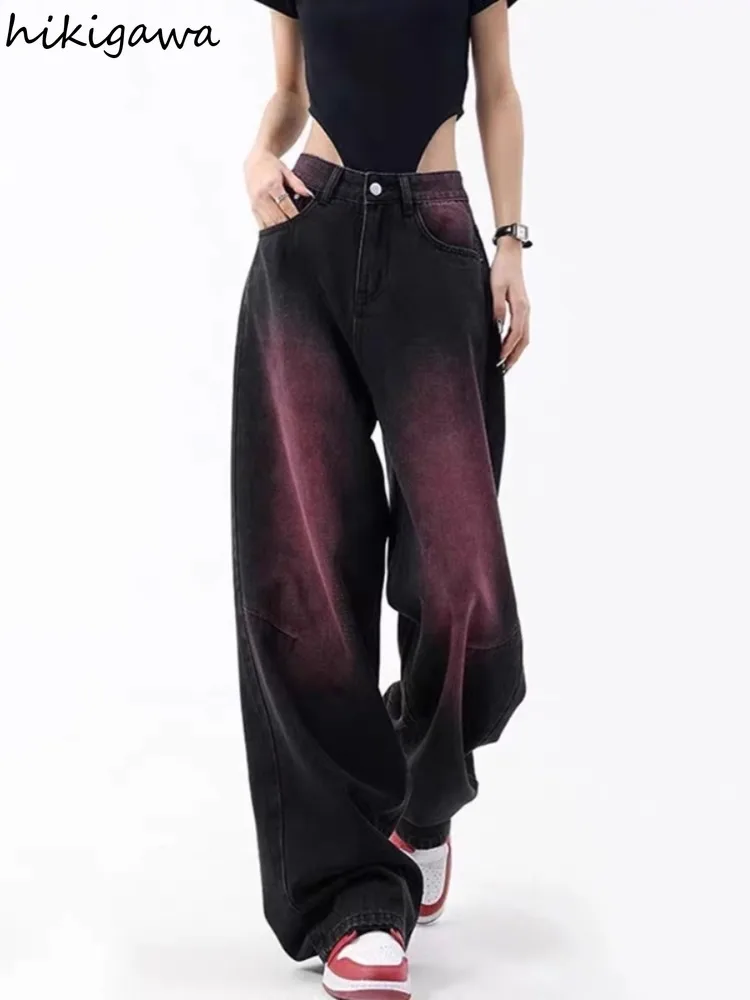 Kontrastowe spodnie Y2k z szerokimi nogawkami dla kobiet dżinsy w stylu Harajuku moda spodnie w stylu Vintage proste casualowe Pantalon Femme nowe spodnie