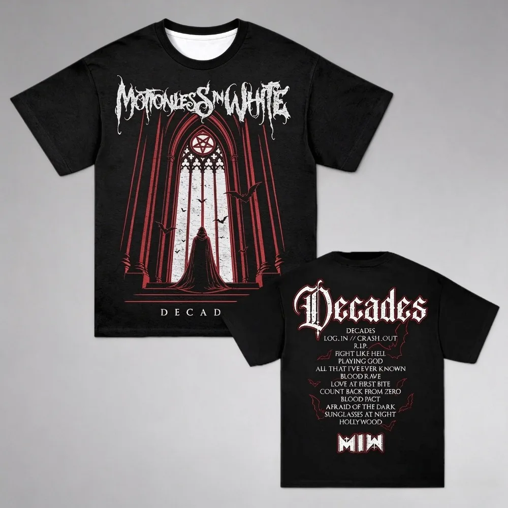 Men Woemn Motionless in White 2026 Decades Tour Gothic Blood Art Double Sided Metalcore Band Short Sleeve Fashion T-Shirt