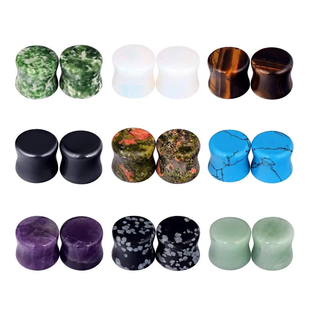 WKOUD 2-18pieces Different Styles of Stones Gem Earbuds Double Horn Saddle Stretch Size Expander Earplug Tunnel 6-16mm Unisex