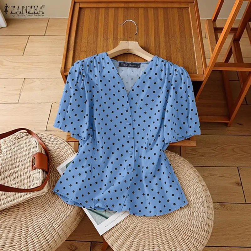 

2026 Summer Elegant Polka Dot Shirts for Woman V-Neck Short Sleeve Cinched Waist Button Up Blouse ZANZEA Vacation Casual Tops