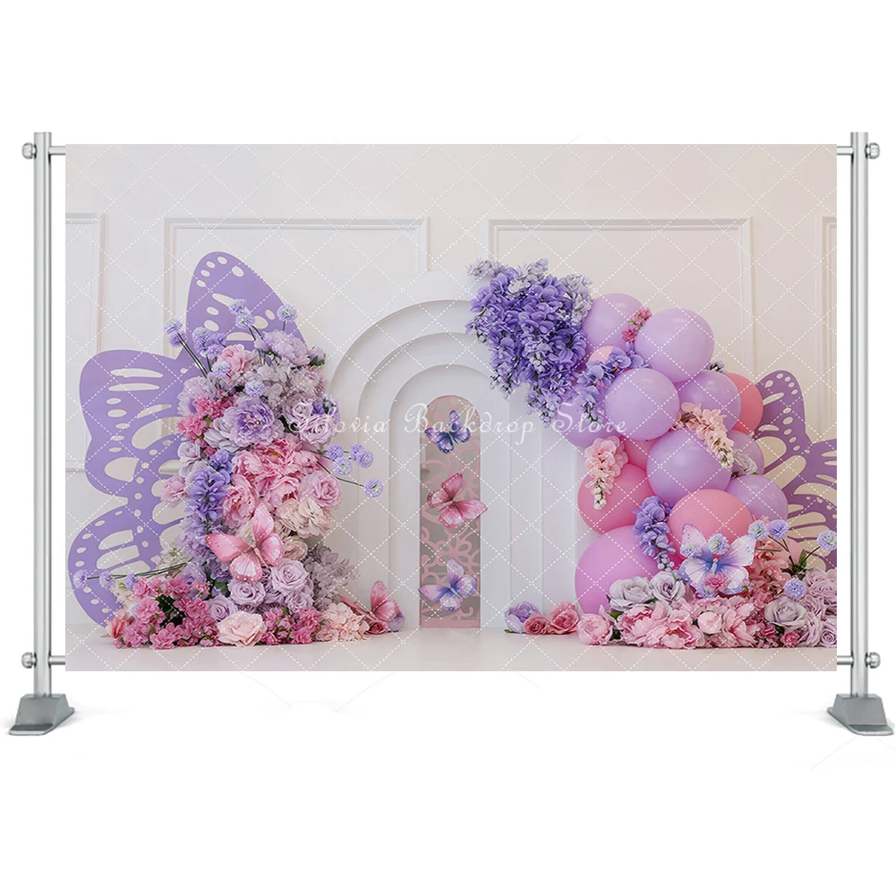 Butterfly Wings Arch Photography Backdrop Girl Birthday First Cake Smash Photo Background Purple Pink Flowers Photo Studio Props