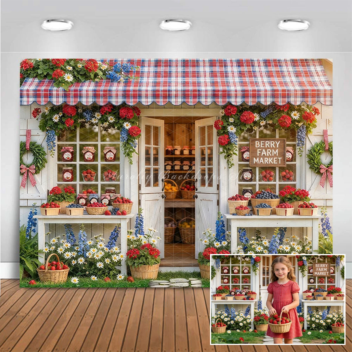 Berry Farm Market Backdrops Cake Smash Child Baby Photo Props Adult Kids Decors Plaid Awning Photography Studio Backgrounds