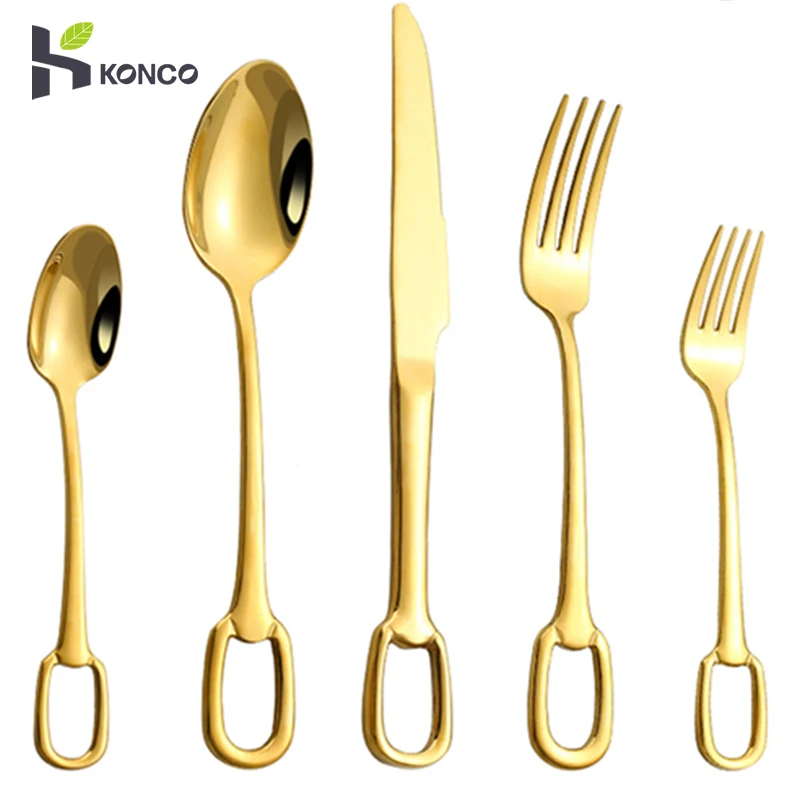 

5Pcs Gold Cutlery Set Luxury Tableware Set Knife Fork Spoon Flatware Stainless Steel Hanging Cutlery Set Dinnerware for Family