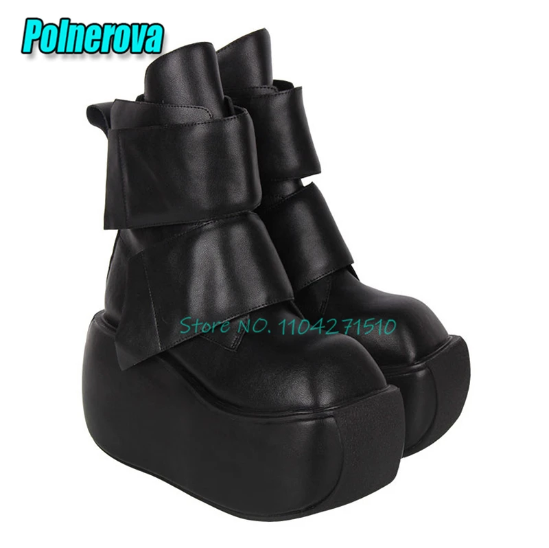 Square Toe Platform Wedge Ankle Boots Black Matte Leather Multi Folded Strap Thick Sole Short Boots Gothic 10CM High Heels