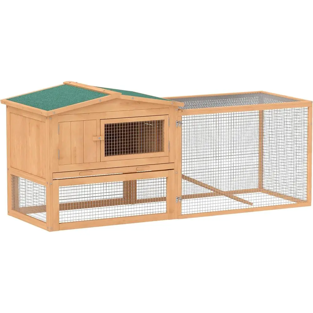 

2-Bunny Cage, Guinea Pig House, Outdoor/Indoor Animal Enclosure, 61.5 x 23 x 27, Slide-Out Tray, Natural