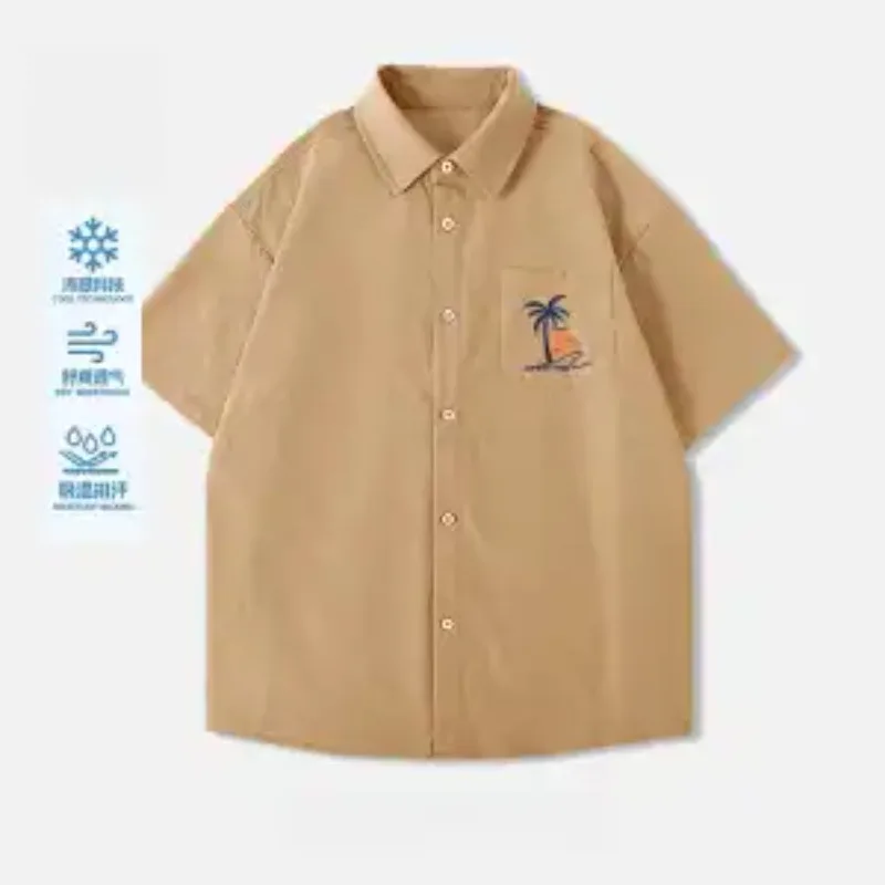 

Mens Cool Tech Cartoon Print Short Sleeve Shirt Breathable Ice Silk Casual Blouse