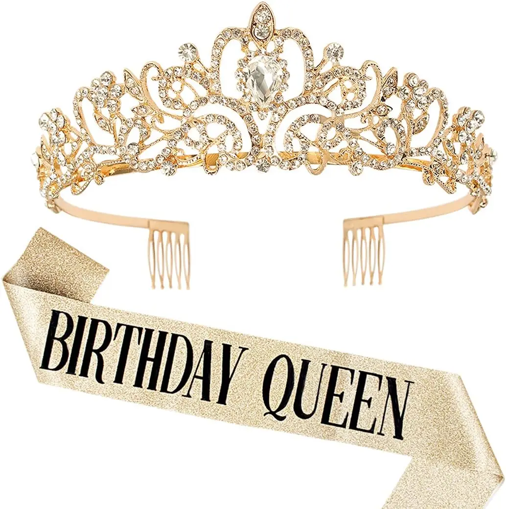 Set de Corona Dorada y Tiara con Pedrería para Reina de Cumpleaños, Kit de Decoración para Fiestas de Mujeres