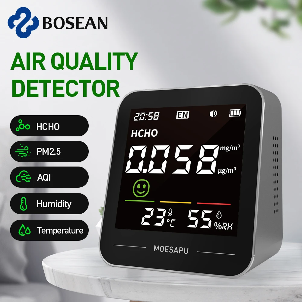 Bosean Air quality Monitor CO2 CO PM2.5 HCHO TVOC Temperature Humidity Monitor Home Air quality detector with Real Sensors