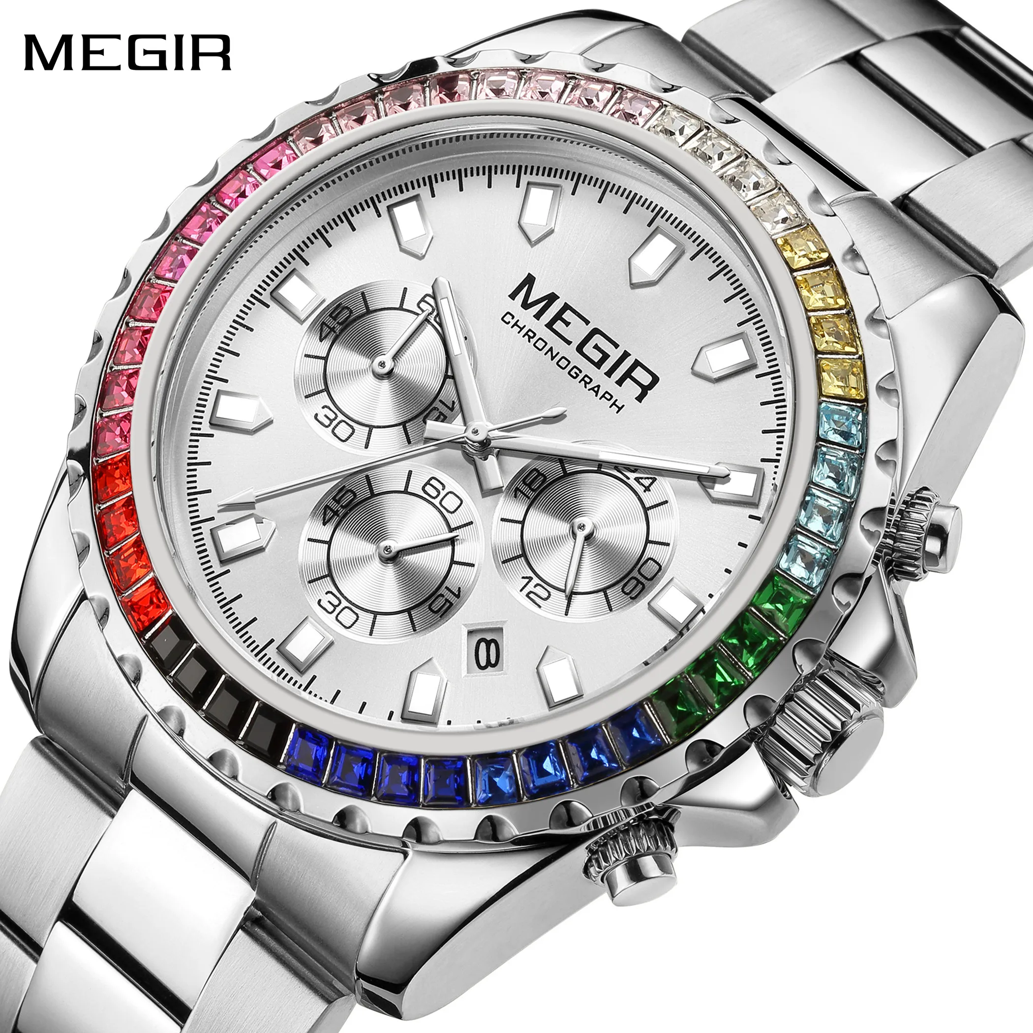 

MEGIR оригинальные роскошные мужские кварцевые часы с бриллиантами, хронограф, светящиеся мужские часы из нержавеющей стали, наручные часы с автоматической датой, 24 часа 2227