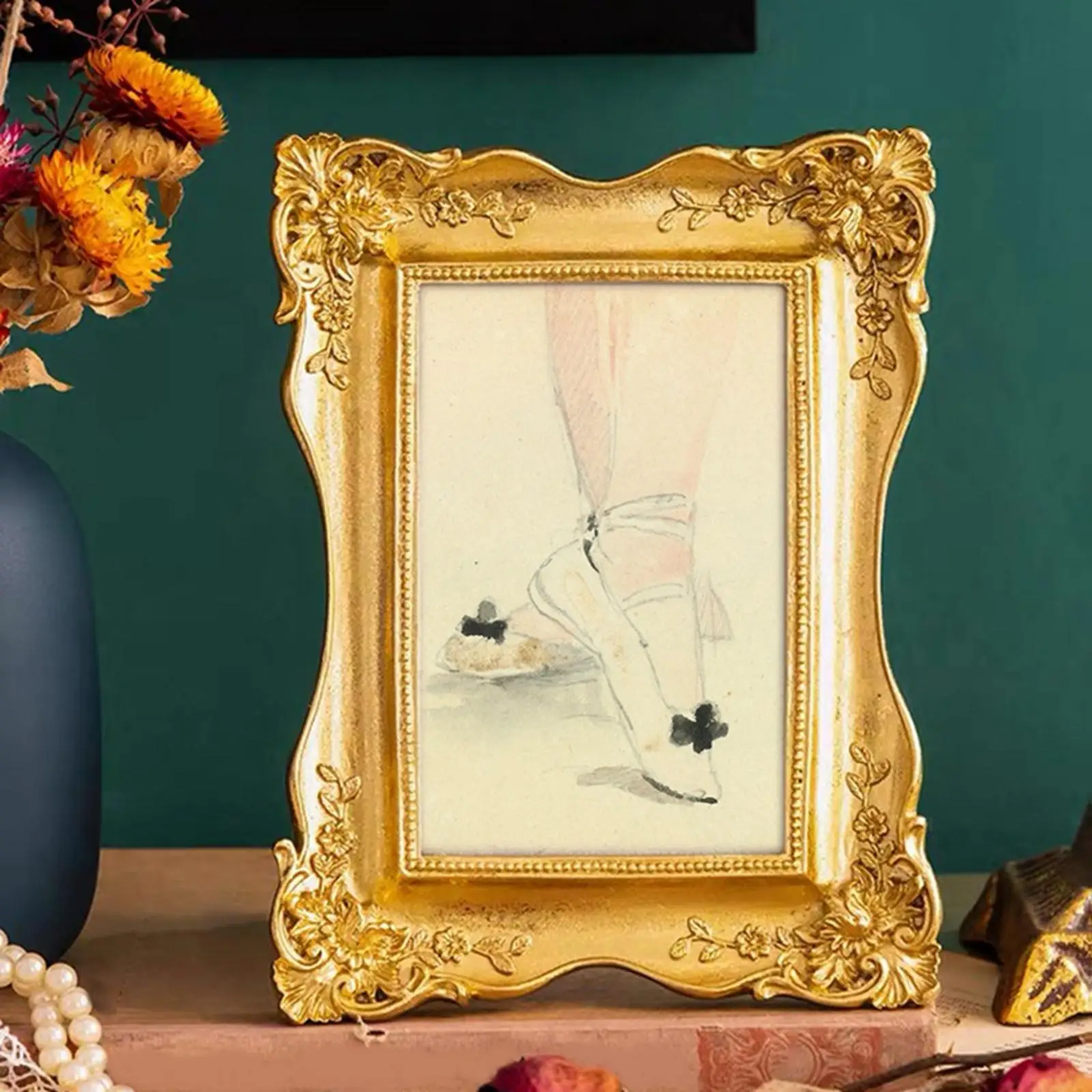 Antique Photo Frame Tabletop Wall Hanging Gold Rectangle Photo Display Frame