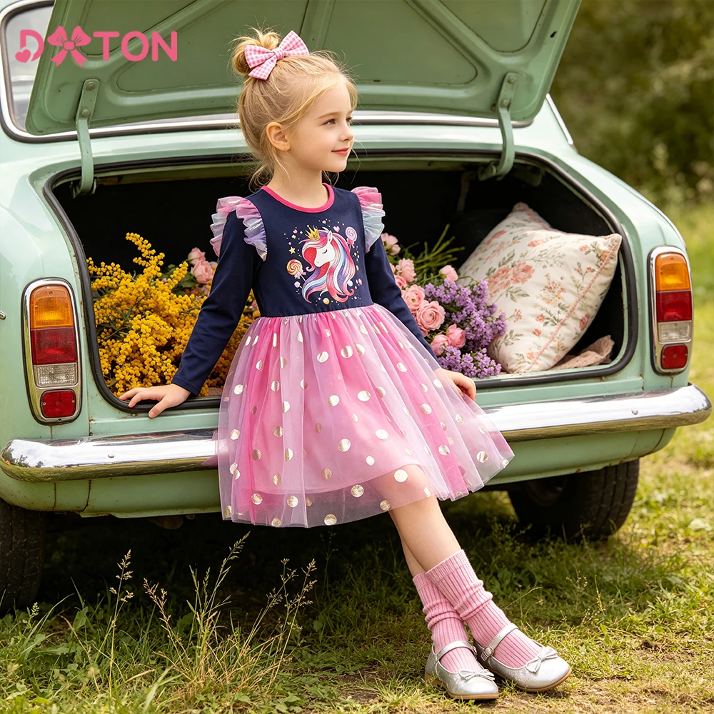 DXTON Vestidos infantis de unicórnio para outono, vestido de princesa com bolinhas e malha, vestido tutu para crianças, férias ao ar livre, manga longa, roupas para meninas de 3 a 8 anos