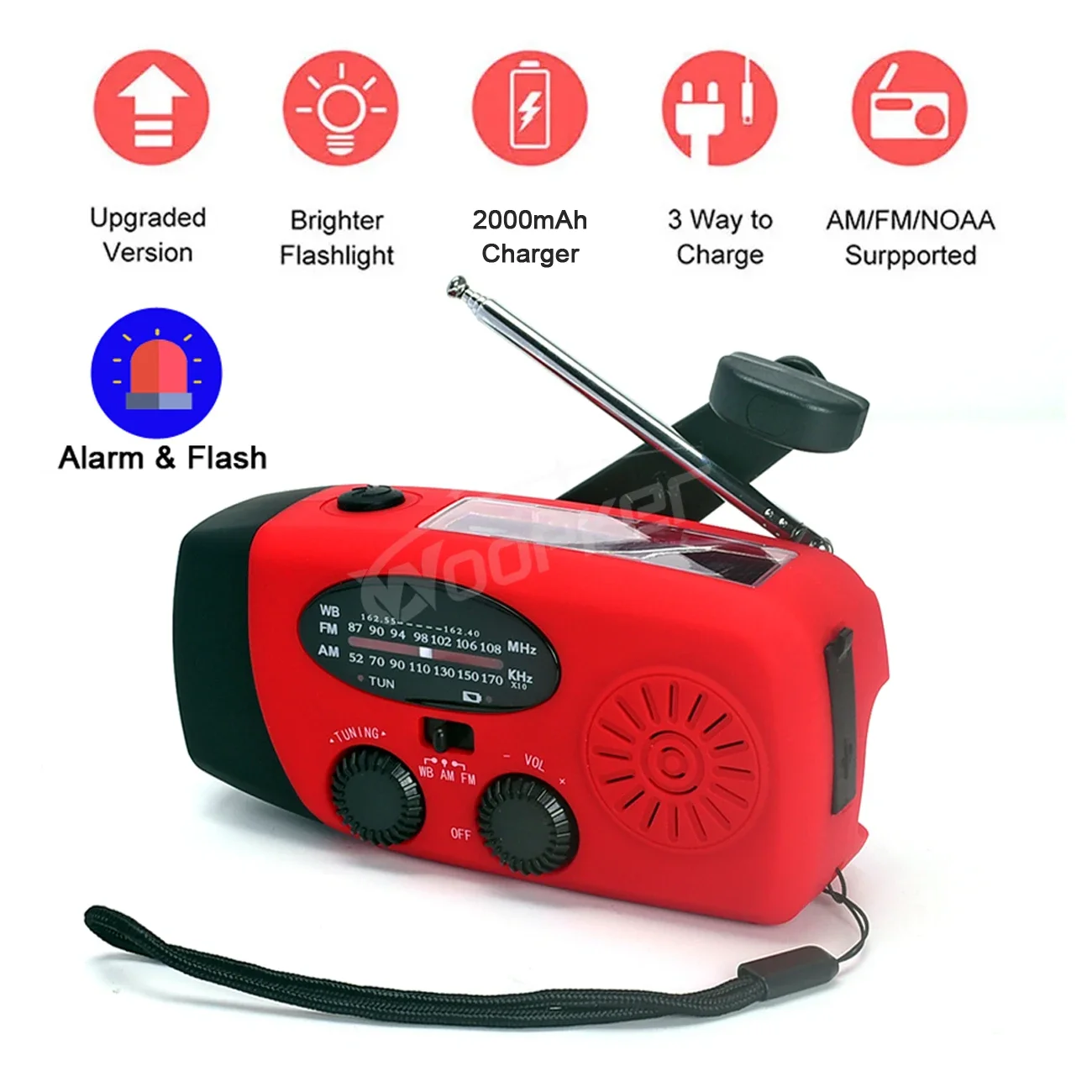 Woopker Multifunctional Radio E04 Upgrade Solar Hand Crank FM/AM/NOAA WB Flashlight 2000mAh Portable SOS Emergency Power Bank